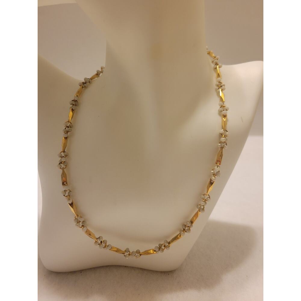 Vintage Faux Pearl Cluster‎ Gold Tone Diagonal Bar Link Chain Necklace 18" Retro